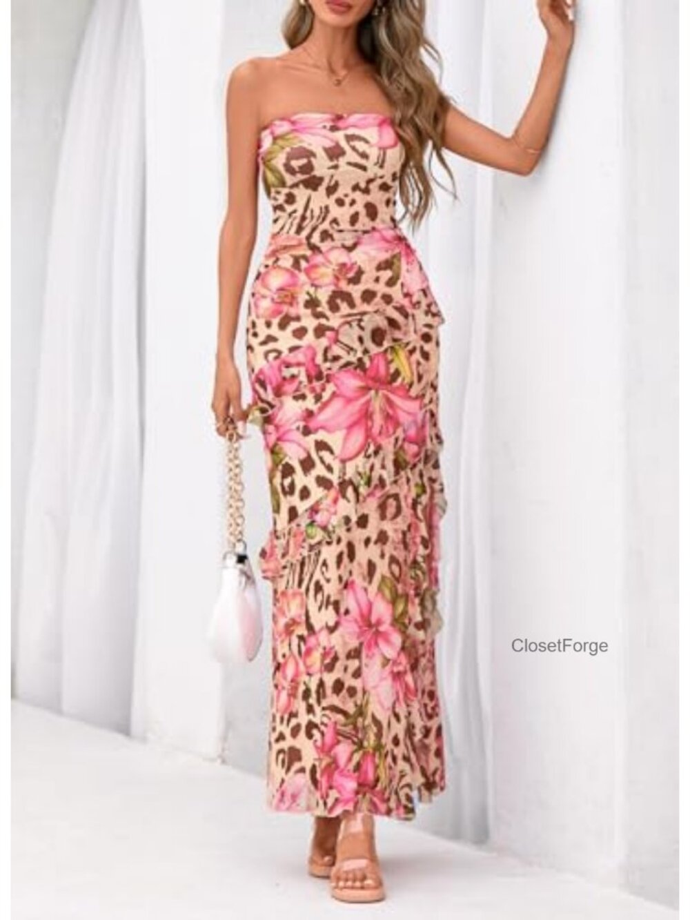 Off Shoulder Strapless Ruffle Hem Maxi Dress with High Slit - Picture 5 of 6